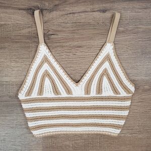 Hollister Crochet Knit Crop Top S Striped Cream White Festival Boho Retro Hippie